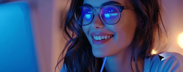 a woman wearing glasses and smiling