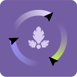 a purple square with arrows and a white flower