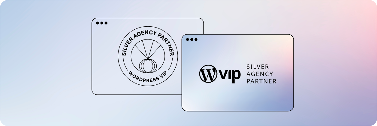 Dwa okna przeglądarki przedstawiające logo i odznakę „WordPress VIP Silver Agency Partner”.