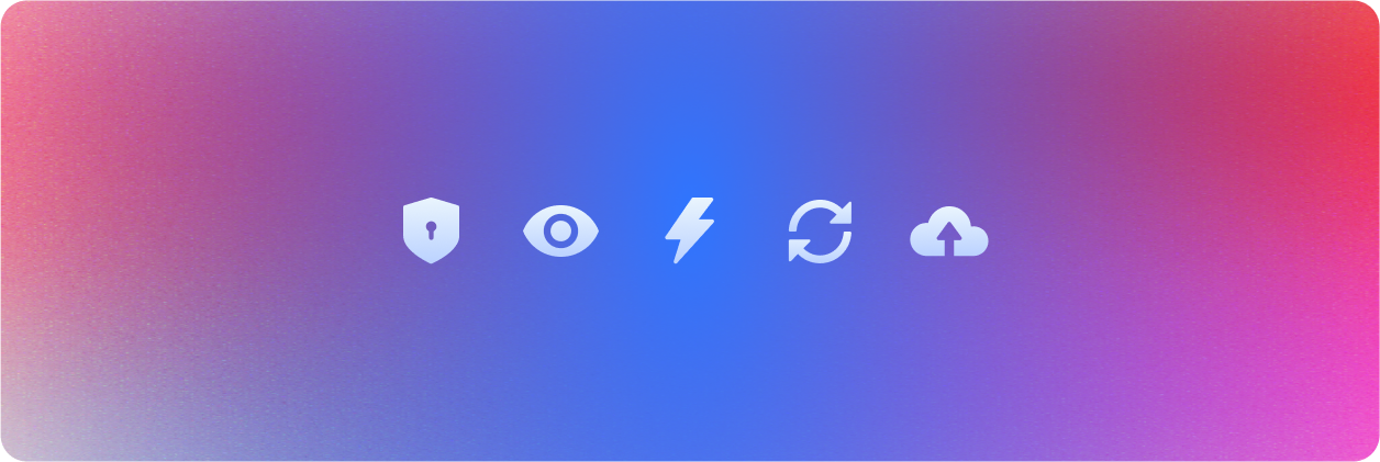Technology icons on gradient background – key technical aspects of WordPress: security, performance, backup