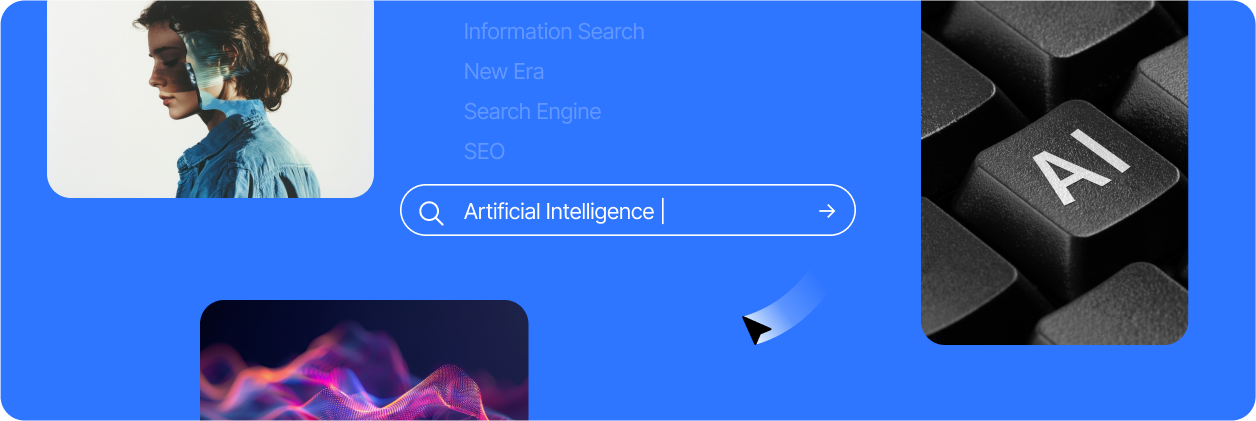 Search interface with the query “Artificial Intelligence”, a woman with tech elements on her head, a keyboard key labeled “AI”, and a colorful wave mesh representing data