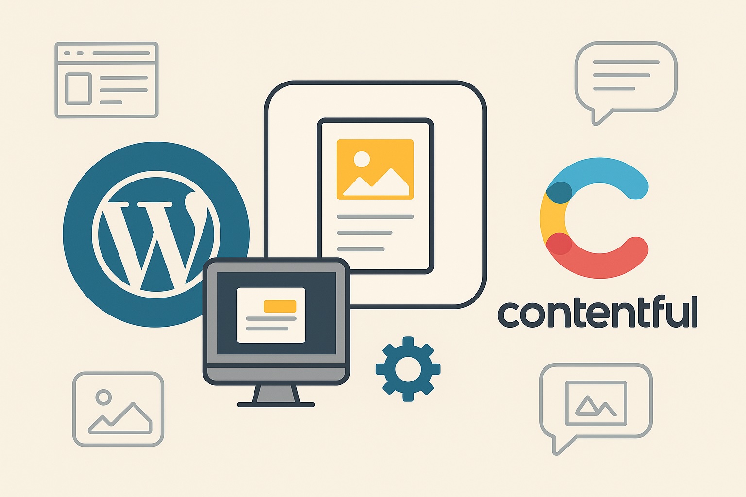 Illustration with WordPress and Contentful logos, computer and content icons.