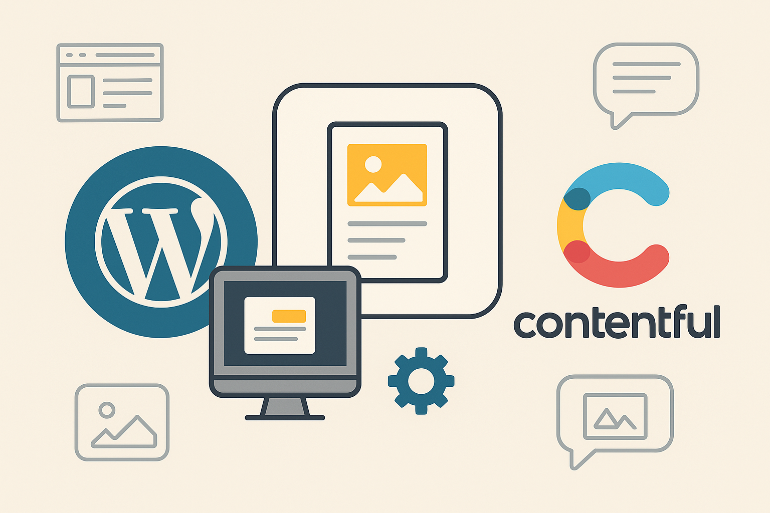 Content management system illustration with WordPress CMS and Contentful website as free and online CMS options.
