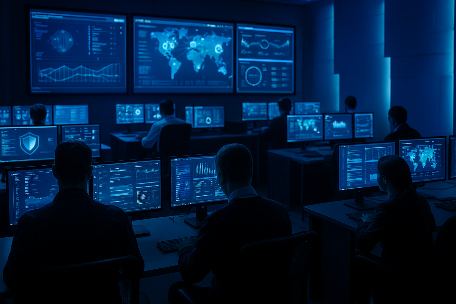 Realistic scene of a security operations center with IT engineers monitoring dashboards and server infrastructure, illustrating WordPress VIP onboarding, outsourced patching, and emergency support.