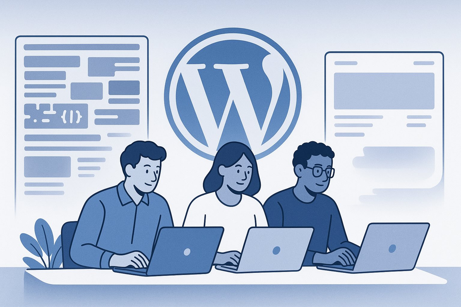 Flat-style illustration of three developers working on laptops in front of a large WordPress logo. On the left side, a cluttered, chaotic website layout represents a ready-made theme. On the right side, a clean and minimal website layout represents a custom WordPress site. Blue and white color palette with subtle gradients.