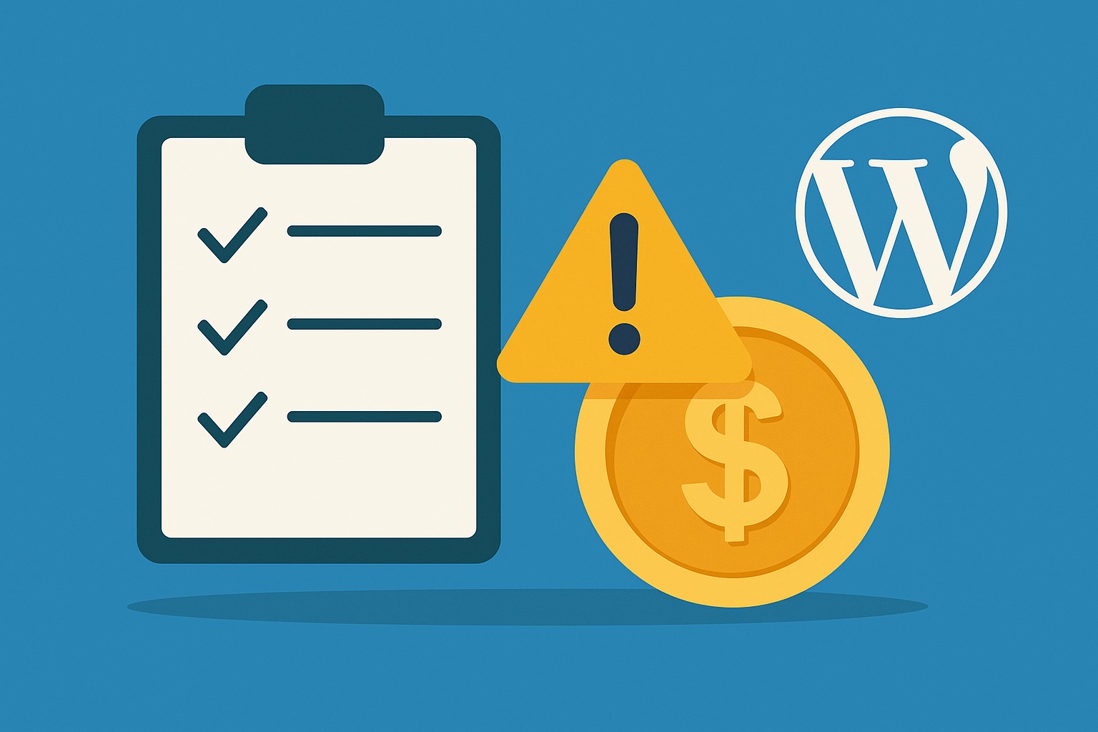 Feature image for the article ‘The True Cost of Neglecting WordPress Maintenance’ showing a checklist clipboard, a warning triangle over a dollar coin, and the WordPress logo on a blue background.