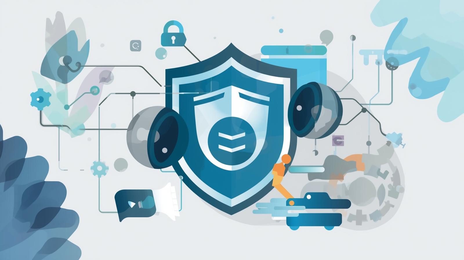 WordPress logo next to a red security shield with a padlock icon on a dark blue binary code background.