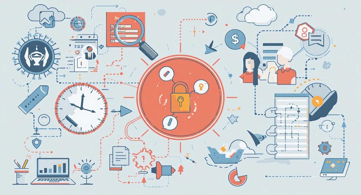 Illustration of WordPress security with a central padlock surrounded by icons of updates, users, cloud storage and analytics.