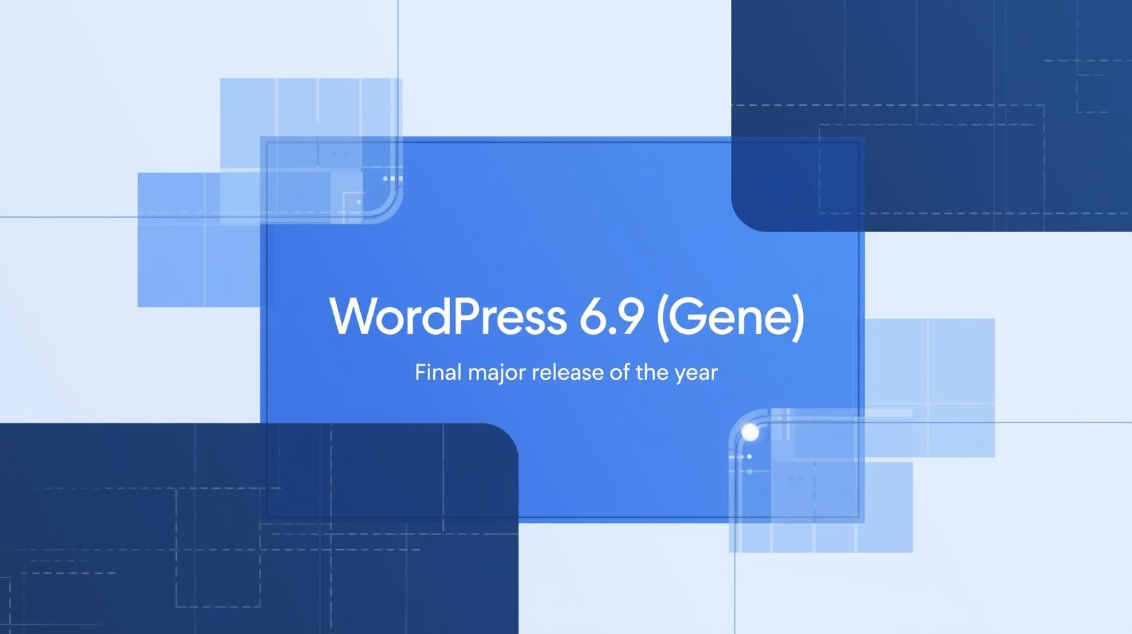 Minimalist, text-free illustration inspired by the WordPress 6.9 visual style, featuring an abstract modular interface with soft grid elements and floating blocks