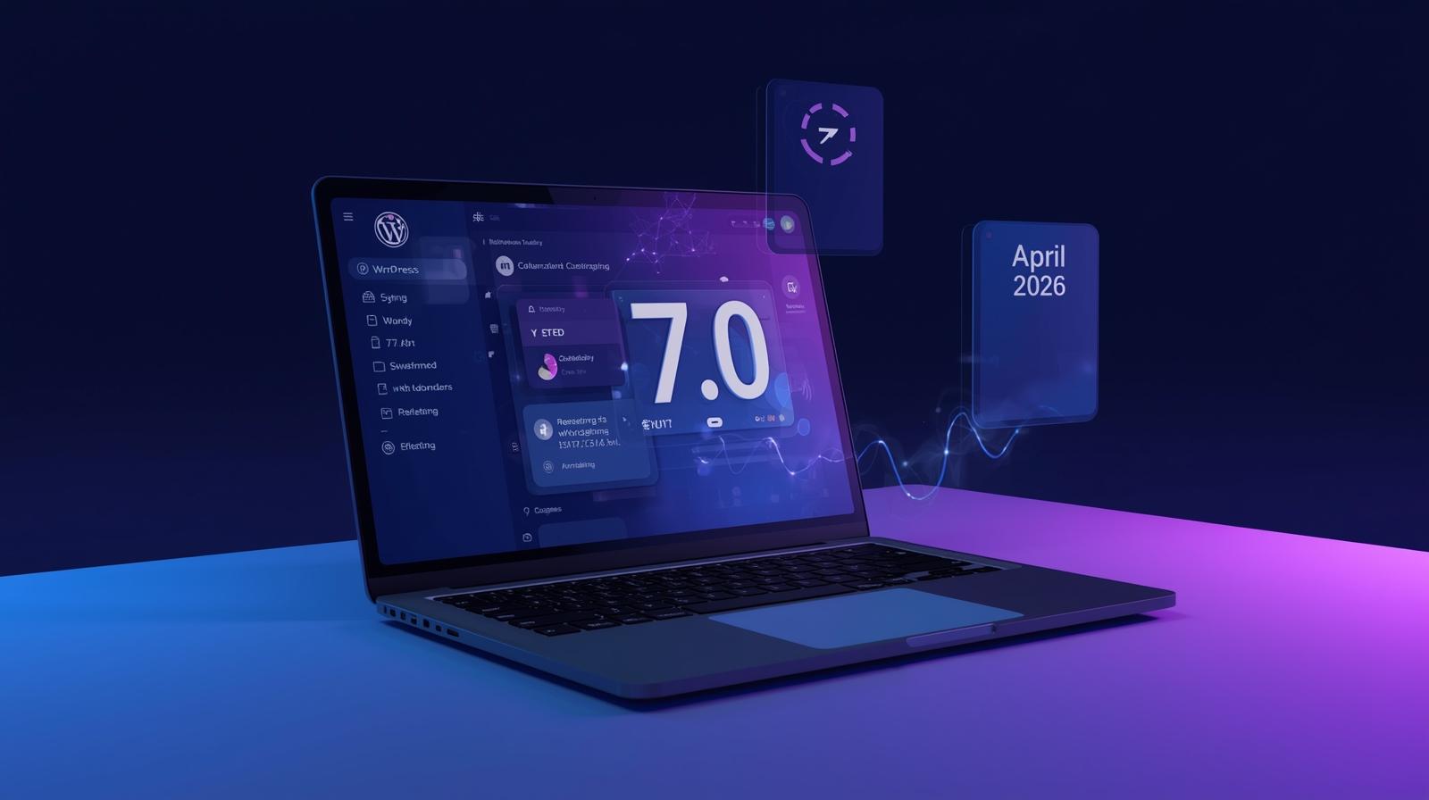 WordPress 7.0 dashboard preview with AI and collaboration icons.